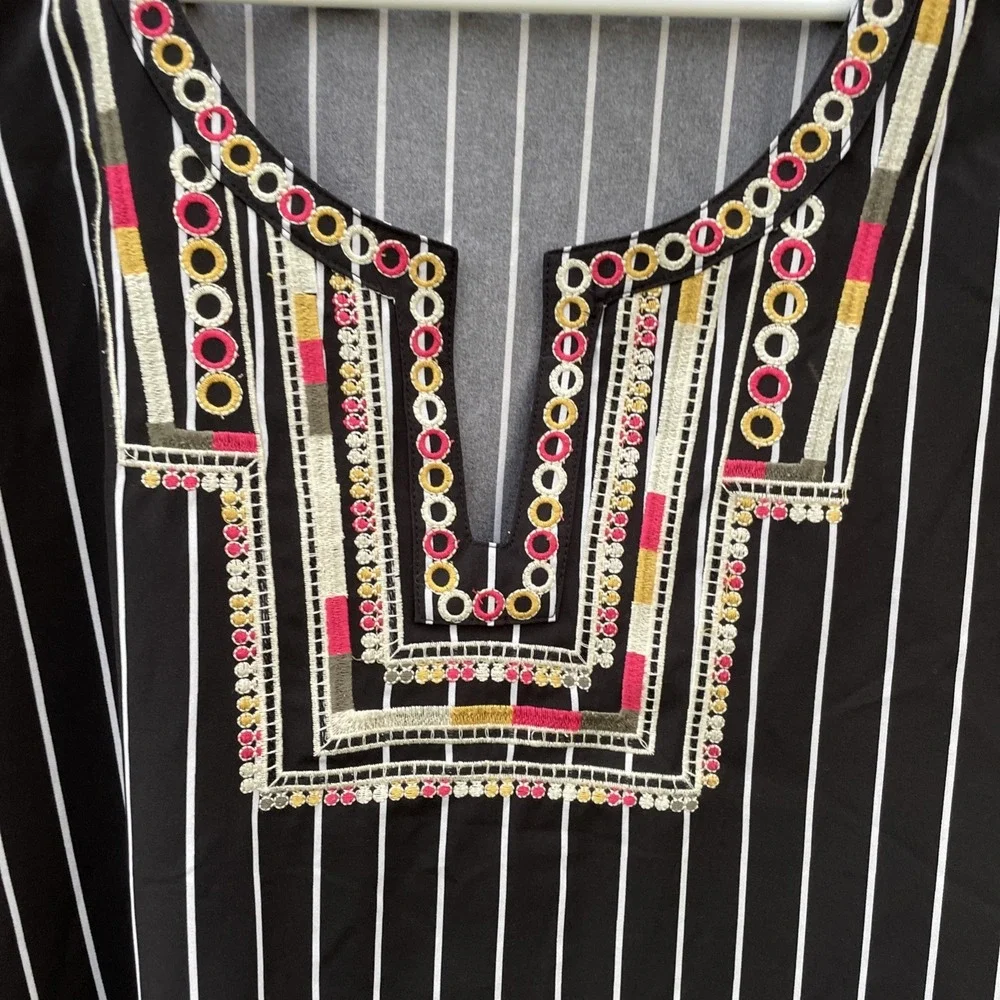 THML top Medium Black White Striped With Green Tan Pink And Yellow Embroidery - Picture 3 of 16